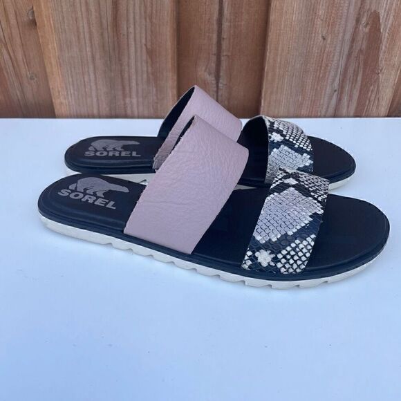 Sorel Leather Snake Print Slides Womens Sz 6 Ella Black Vapor Sandals Slip On - Picture 1 of 7
